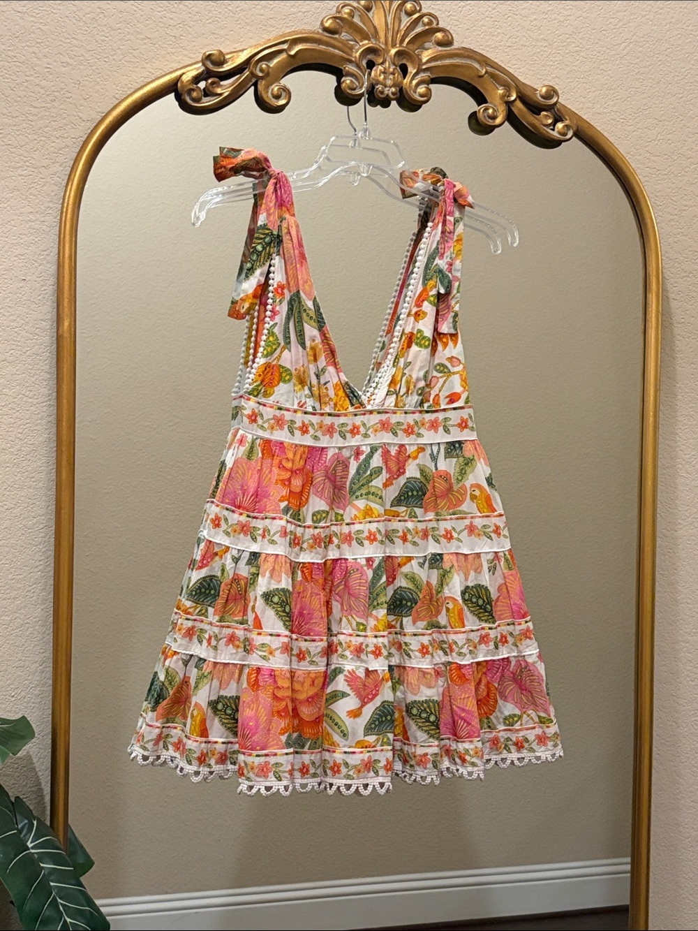 FARM Rio Macaw Bloom Tie-Strap Tiered Floral Print Mini Dress Size M - Picture 4 of 12